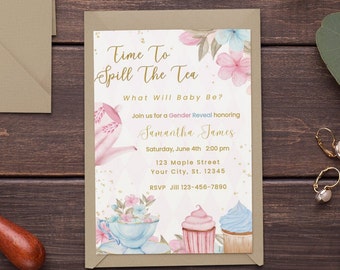 Tea Party Gender Reveal Invitation Template Pink and Gold Par-tea Invite Pink Floral Whimsical Tea Party High Tea Floral Instant Download