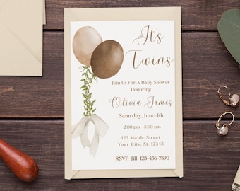 Twins Baby Shower Invitation Template, Watercolor Balloons (Digital Download)