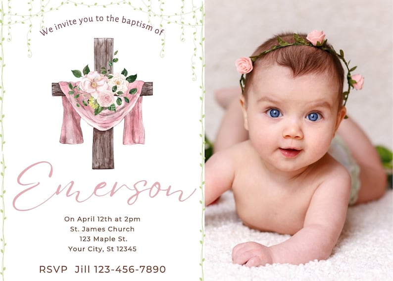 Cuadro Con Dibujo De Bautizo, Con La Inicial Del Nombre En Rosa