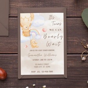 Twin Baby Shower Invitation Template Twin Babies Teddy Bear Baby Shower Invite We Can Bearly Wait Editable Invitation Instant Download