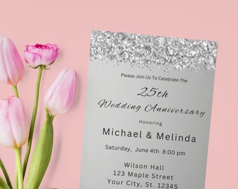 Wedding Anniversary Invitation Template 10th 20th 30th 40th 60th 25th wedding anniversary invite digital printable silver anniversary invite