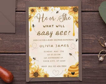 Editable Gender Reveal Invitation Template What Will Baby Bee Invitation Bumble Bee Gender Neutral Invite Printable Digital Instant Download