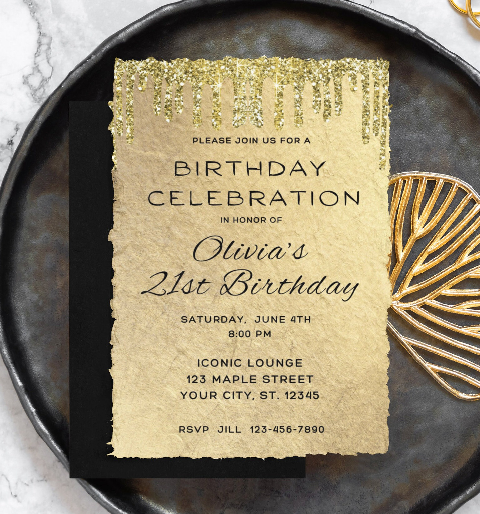 Editable Gold Birthday Invitation Template Gold Glitter Drip Dripping ...