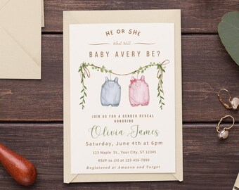 Gender Reveal Invitation Template Editable Gender Reveal Invite Boho Gender Reveal Clothesline Gender Reveal Baby Clothes Gender Reveal