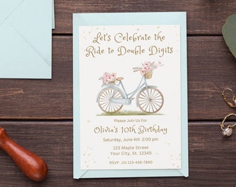 Girl 10th Birthday Invitation Template Floral Birthday Party Invite Flower Bicycle Editable Girl Tenth Birthday Instant Download Digital