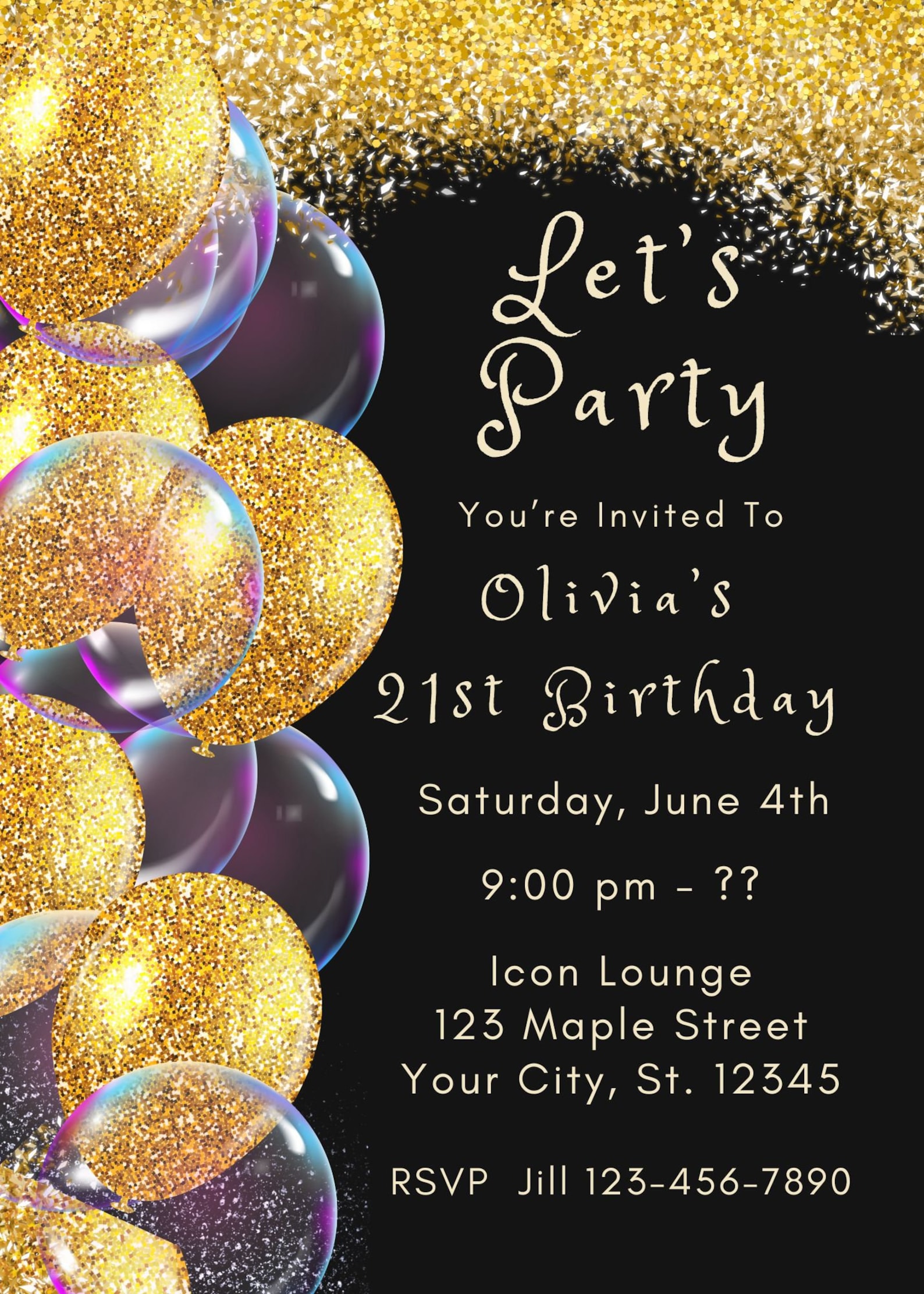21st Birthday Invitation Template Black and Gold Invitation Gold ...
