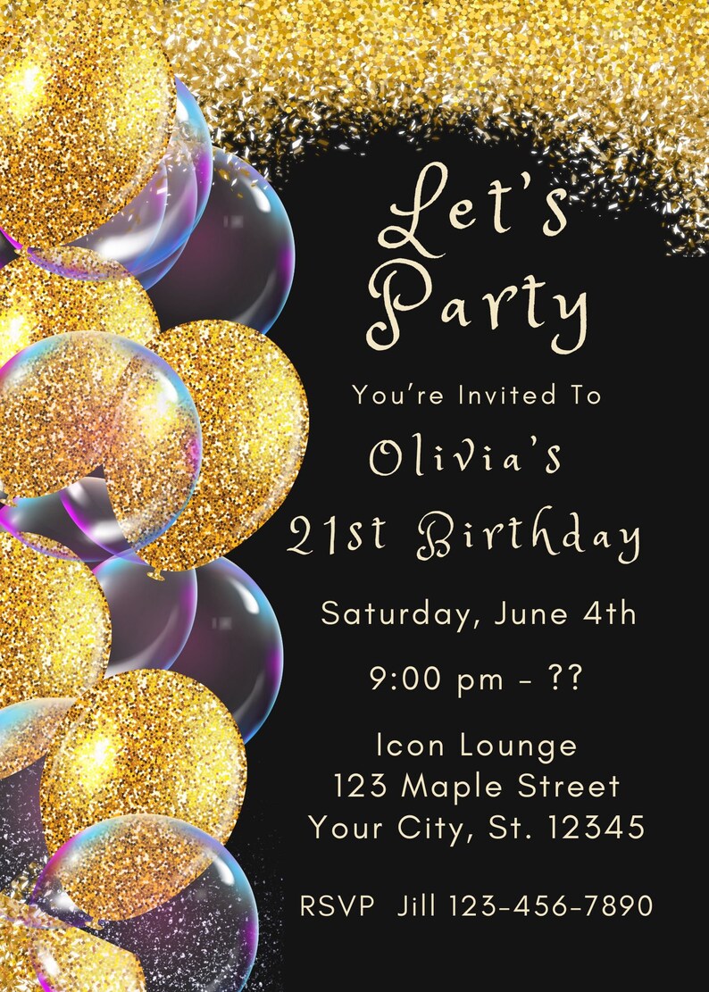21st Birthday Invitation Template Black and Gold Invitation Gold ...