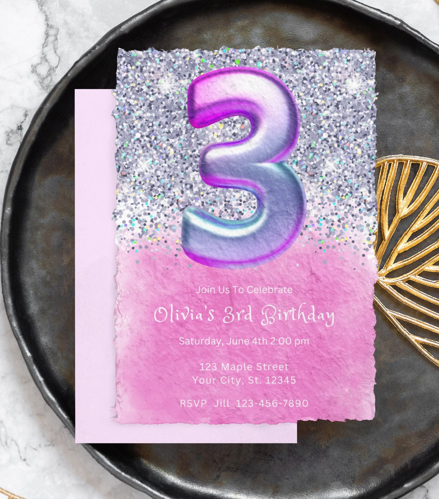 Editable Pink 3rd Birthday Invitation Template Glitter Birthday Party ...