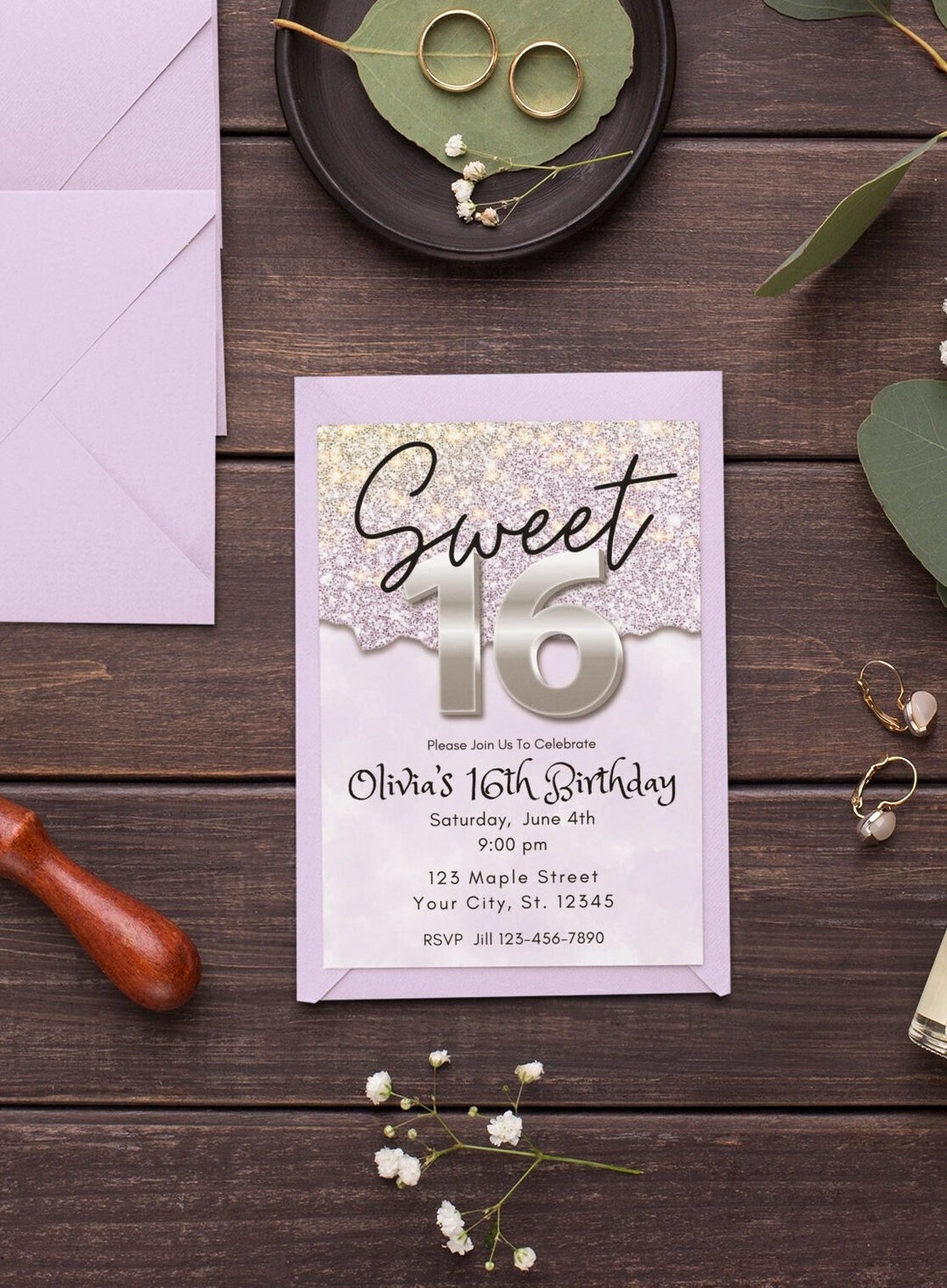 Editable 16th Birthday Invitation Template Purple Glitter Birthday