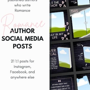 Puede incluir: Una colección de 21 plantillas de publicaciones en redes sociales diseñadas para autores de romance. Las plantillas presentan un fondo de pizarra negra con texto y gráficos blancos. Algunas plantillas incluyen una maqueta de portada de libro, una maqueta de pantalla de teléfono y un globo de cita. El texto en las plantillas incluye frases como "Únete al boletín", "Un millón de lecturas en el título del libro" y "Esto o aquello".