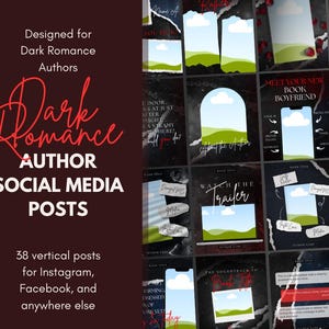 May include: A collection of 38 social media posts for dark romance authors. The posts are designed for Instagram, Facebook, and other platforms. The design features a dark background with white text and red accents. The Canva logo is visible.