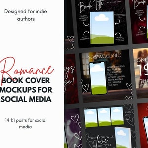Op de afbeelding: Een set van 14 social media mockups voor romantische boekomslagen. De mockups tonen een telefoonscherm en een boekomslag met een groene heuvel en een witte wolk tegen een blauwe lucht. De tekst "Nu beschikbaar" en "Slechts €1 dit weekend" is opgenomen in de mockups.