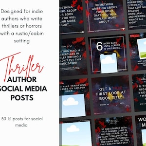 Peut inclure: Un ensemble de 30 modèles de publication sur les médias sociaux conçus pour les auteurs de thrillers et d'horreurs. Les modèles présentent un thème de cabane rustique avec des schémas de couleurs rouge et noir. Le texte sur les modèles comprend des phrases comme "Something Gripping About Your Book", "Writing Progress Update", et "Word Count Milestone".