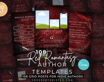 May include: A collection of 108 Red Romantasy Author Templates for indie authors. The templates feature a deep red color scheme with white text and floral accents. The image includes graphics for social media posts, with text such as "Weekly Word Check-in" and "Complete Your Collection."
