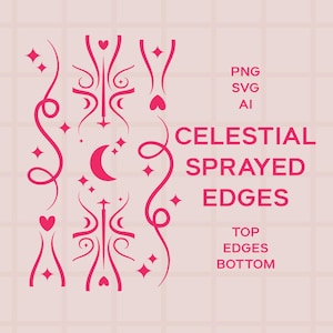 K&ouml;nnte beinhalten: Rosa-wei&szlig;es Grafikdesign mit einem himmlischen Thema. Das Design zeigt einen zunehmenden Mond, Sterne, Herzen und Wirbel. Der Text "CELESTIAL SPRAYED EDGES" ist in Rosa geschrieben. Der Text "TOP EDGES BOTTOM" ist ebenfalls in Rosa geschrieben.