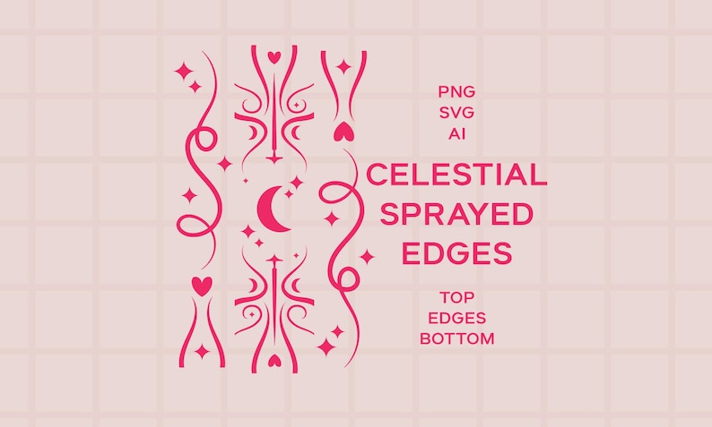 K&ouml;nnte beinhalten: Rosa-wei&szlig;es Grafikdesign mit einem himmlischen Thema. Das Design zeigt einen zunehmenden Mond, Sterne, Herzen und Wirbel. Der Text "CELESTIAL SPRAYED EDGES" ist in Rosa geschrieben. Der Text "TOP EDGES BOTTOM" ist ebenfalls in Rosa geschrieben.