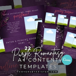 May include: A collection of purple Canva templates for book content, featuring a book cover design with a landscape and cloud illustration, and a smartphone graphic. Text includes "Purple Romantasy" and "Templates".