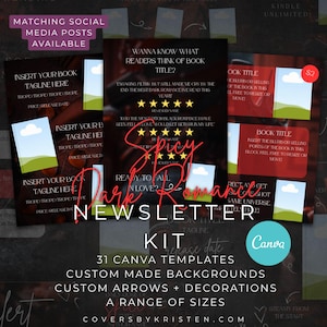 Może przedstawiać: Ciemne tło przedstawia "Spicy Dark Romance Newsletter Kit" z 31 szablonami Canva. Projekt zawiera niestandardowe tła, strzałki, dekoracje i szereg rozmiarów. Obraz zawiera również szablony tekstowe.