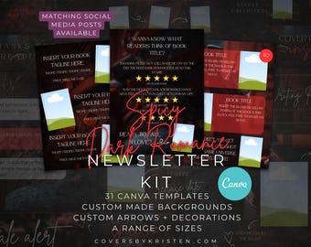 May include: A dark background features a "Spicy Dark Romance Newsletter Kit" with 31 Canva templates. The design includes custom backgrounds, arrows, decorations, and a range of sizes. The image also includes text templates.