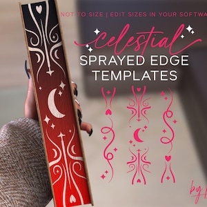 May include: A digital download of celestial themed sprayed edge templates. The image shows a book with a red and white sprayed edge design featuring stars, moons, and hearts. The text "celestial SPRAYED EDGE TEMPLATES by kristen" is also visible.