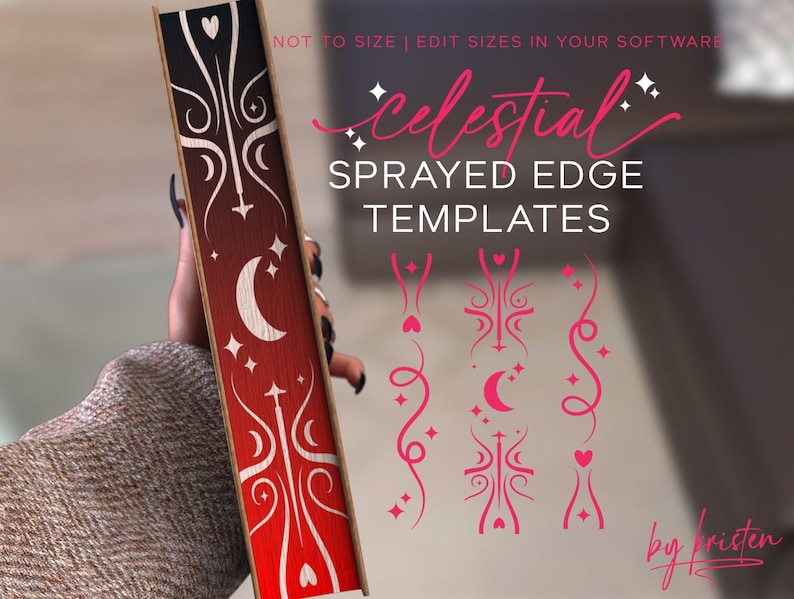 K&ouml;nnte beinhalten: Ein digitaler Download von Spr&uuml;hkantenschablonen zum Thema Himmel. Das Bild zeigt ein Buch mit einem rot-wei&szlig;en Spr&uuml;hkanten-Design mit Sternen, Monden und Herzen. Der Text "celestial SPRAYED EDGE TEMPLATES by kristen" ist ebenfalls sichtbar.