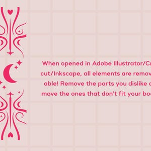 K&ouml;nnte beinhalten: Rosa-wei&szlig;es Grafikdesign mit einer zunehmenden Mondsichel, Sternen und Herzen. Der Text lautet: "Wenn Sie in Adobe Illustrator/Cri-cut/Inkscape &ouml;ffnen, sind alle Elemente entfernbar! Entfernen Sie die Teile, die Ihnen nicht gefallen, oder verschieben Sie die, die nicht zu Ihrem Buch passen."