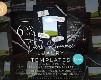 May include: A collection of dark romance templates for social media and newsletters. The design features a torn paper effect with handwritten fonts and a color palette of black, white, and red. Includes the text "Dark Romance Luxury Templates".