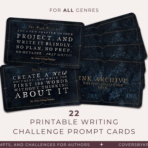 May include: A set of 22 dark blue rectangular writing challenge prompt cards with gold text and borders. The cards feature various writing prompts and instructions, including text such as The High Priestess, The Fool, and Ink Archive Writing Challenge.