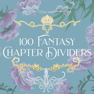 Könnte beinhalten: 100 Fantasy-Kapitelteiler. Ein Grafikdesign mit einer Krone, einem Dolch und floralen Ranken auf einem hellblauen Hintergrund mit lila Blumen.