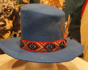 blue ocean felt hat red blindfold with Indian decoration and feather printed with Indian decoration