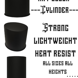 Può includere: Blocchi per cappelli neri a forma di cilindro. L'immagine include il testo "HAT BLOCK - CYLINDER - STRONG LIGHTWEIGHT HEAT RESIST ALL SIZES ALL HEIGHTS". Il prodotto è di @3DMIXDESIGNER.