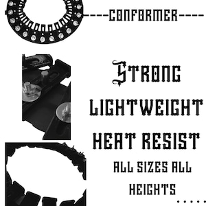 Può includere: Oggetto circolare nero con una serie di estensioni rettangolari e piccoli elementi di fissaggio argentati. L'immagine include il testo "3DMIXDESIGNER --CONFORMER--" e "STRONG LIGHTWEIGHT HEAT RESIST ALL SIZES ALL HEIGHTS".