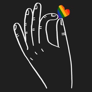 A close-up of the image on a tote bag: a black background with a white outline of a hand holding a small rainbow coloured love heart that is pinched between thumb and forefinger