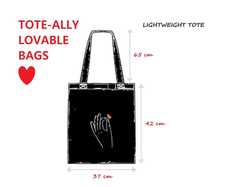 A diagram of a black lightweight tote shows its dimensions. On the bag is a simple image of a hand holding a rainbow heart.