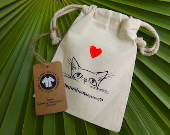 Sacs cadeaux design chat, amoureux des chats, pochettes en coton bio avec cordon de serrage, végétalien, éthique, lot de 3, livraison gratuite au Royaume-Uni