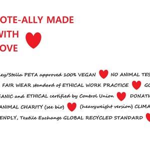 A list of items is punctuated by red hearts. The list is the vegan and eco credentials of a tote bag.