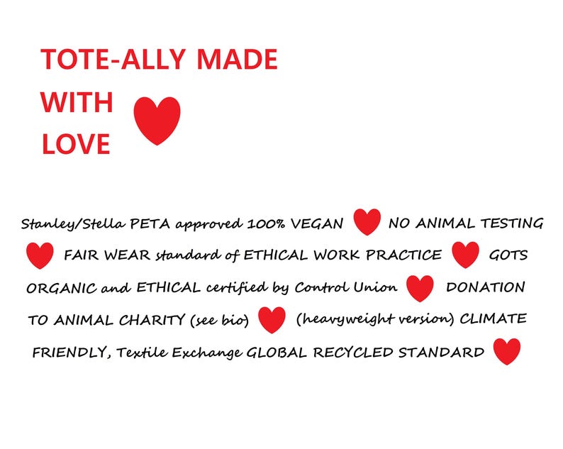 A list of items is punctuated by red hearts. The list is the vegan and eco credentials of a tote bag.