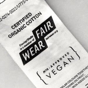 A label shows Fair Wear and PETA vegan approved credentials