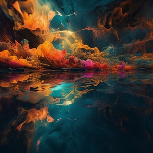 Peut inclure: Un paysage surréaliste avec des montagnes vibrantes orange, rose et violettes reflétées dans une étendue d'eau calme. Le ciel est un mélange tourbillonnant de bleu, de vert et d'orange.