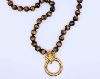 18k gold tiger eye and ram beaded necklace