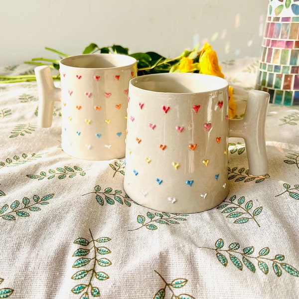 Hand-painted Colorful Heart Ceramic Coffee Mug, Personalized Handmade Pottery Mug for Gifts