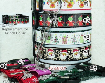 May include: A stack of Christmas-themed dog collars with various designs, including reindeer, Grinch, presents, and Santa Claus. Each collar has a black buckle and a metal ring for attaching a leash. The text "Replacement for Grinch Collar" is visible.