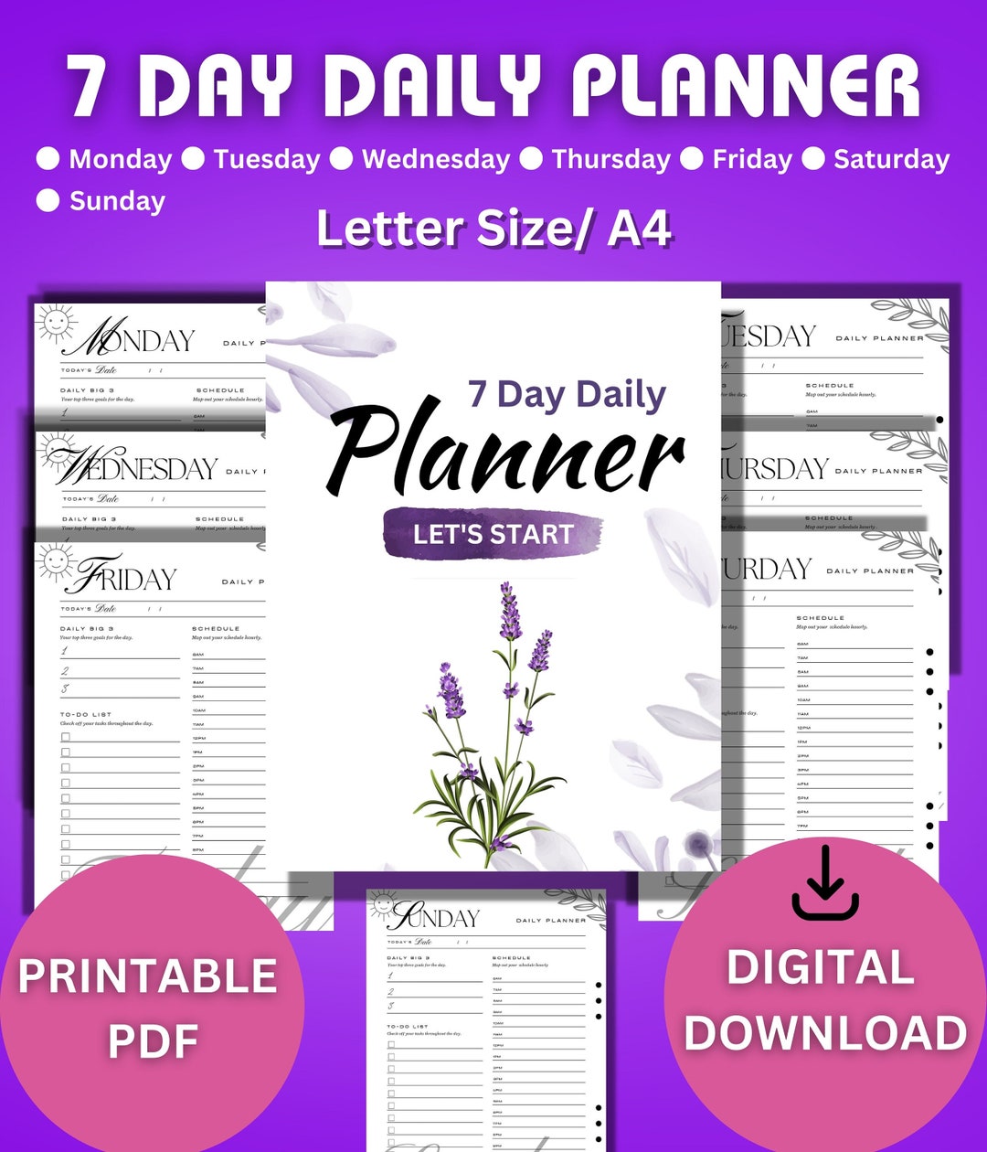 A4 Day Planner Printable 7 Day Planner. Planner Hourly Weekly Happy ...