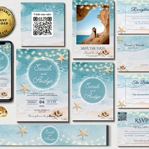 Beach Wedding Invitation Template Bundle, Editable Minimalist Destination Wedding Suite, QR Code RSVP, Invitation Template Set With Photo