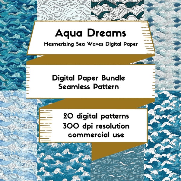 Aqua Dreams Mesmerizing Sea Waves Digital Paper Pack of 20 Textures, seamless ocean waves patterns, instant download for commercial use