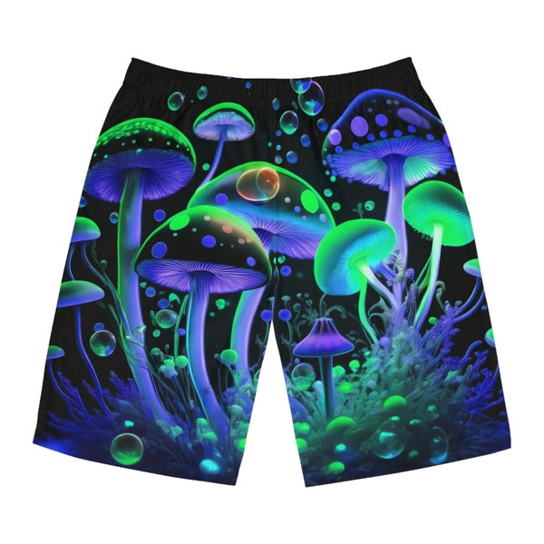 Glow Blue and Green Mushroom Men's Board Shorts