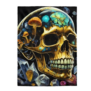 Golden Skull With Mushrooms Velveteen Plush Blanket