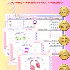Peut inclure: Planificateur de vie numérique aux tons roses et violets. Il comprend des sections pour les tâches, les finances, la santé et la productivité. Des badges dorés mettent en évidence 66 pages, une configuration facile et 500 autocollants.