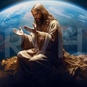 Jesus Praying Over Earth in a set of 3 digital downloads with brilliant colors suitable for Printing, Desktop, Framing and Wall Art.