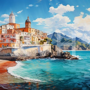 Die Amalfiküste in Italien in einem Set von 4 digitalen Downloads mit kräftigen brillanten Farben, geeignet für Druck, Desktop, Rahmung und Wandkunst.